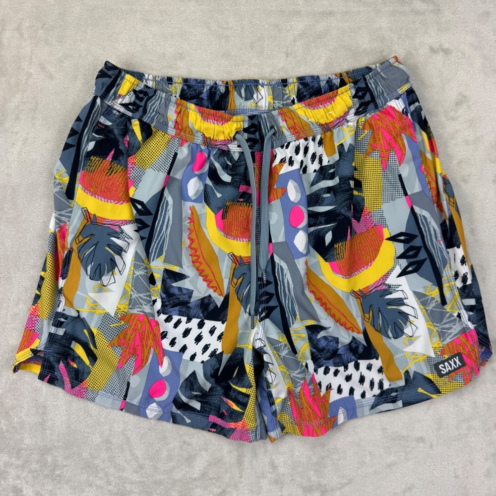 SAXX Oh Buoy Mens Large Gray Tropical Abstract 2N1 Volley Swim Trunks 5" Inseam